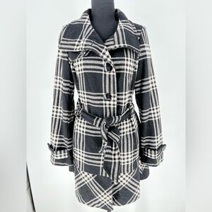 EXPRESS WOOL BLEND COAT IN BLACK & WHITE, WAIST BELT, BUTTON,‎  DOWN FULLY LINED